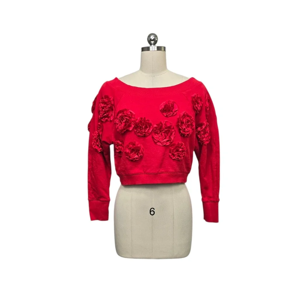 Maeve by Anthropologie‎ Red Cropped 3D Floral Rosette Sweatshirt XS Long Sleeve